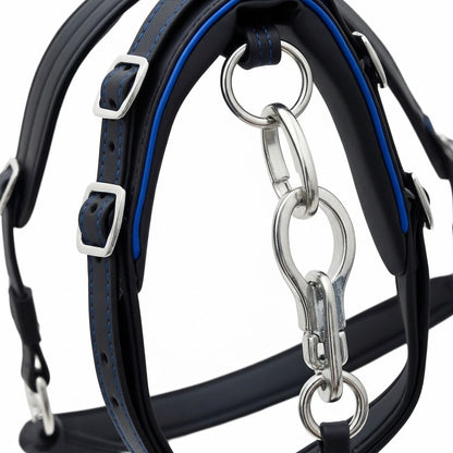 High-Quality Biothane Driving Harness – Blue & Black with Studded Clincher Blinkers