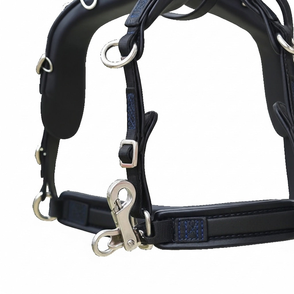 High-Quality Biothane Driving Harness – Blue & Black with Studded Clincher Blinkers
