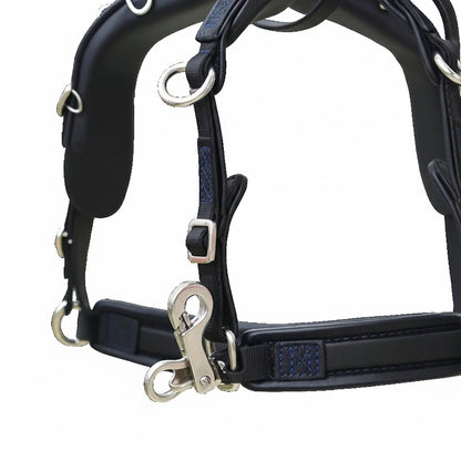 High-Quality Biothane Driving Harness – Blue & Black with Studded Clincher Blinkers