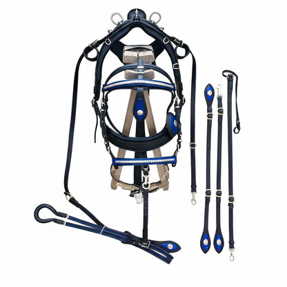 High-Quality Biothane Driving Harness – Blue & Black with Studded Clincher Blinkers