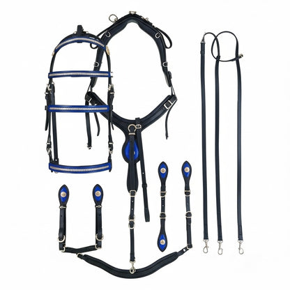 High-Quality Biothane Driving Harness – Blue & Black with Studded Clincher Blinkers