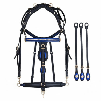 High-Quality Biothane Driving Harness – Blue & Black with Studded Clincher Blinkers