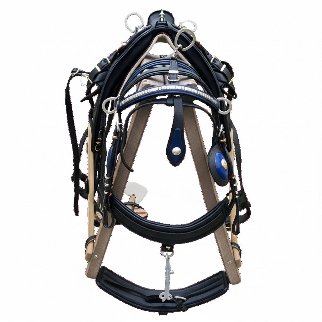 High-Quality Biothane Driving Harness – Blue & Black with Studded Clincher Blinkers