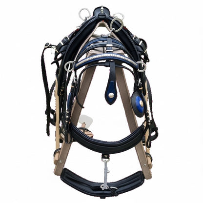 High-Quality Biothane Driving Harness – Blue & Black with Studded Clincher Blinkers