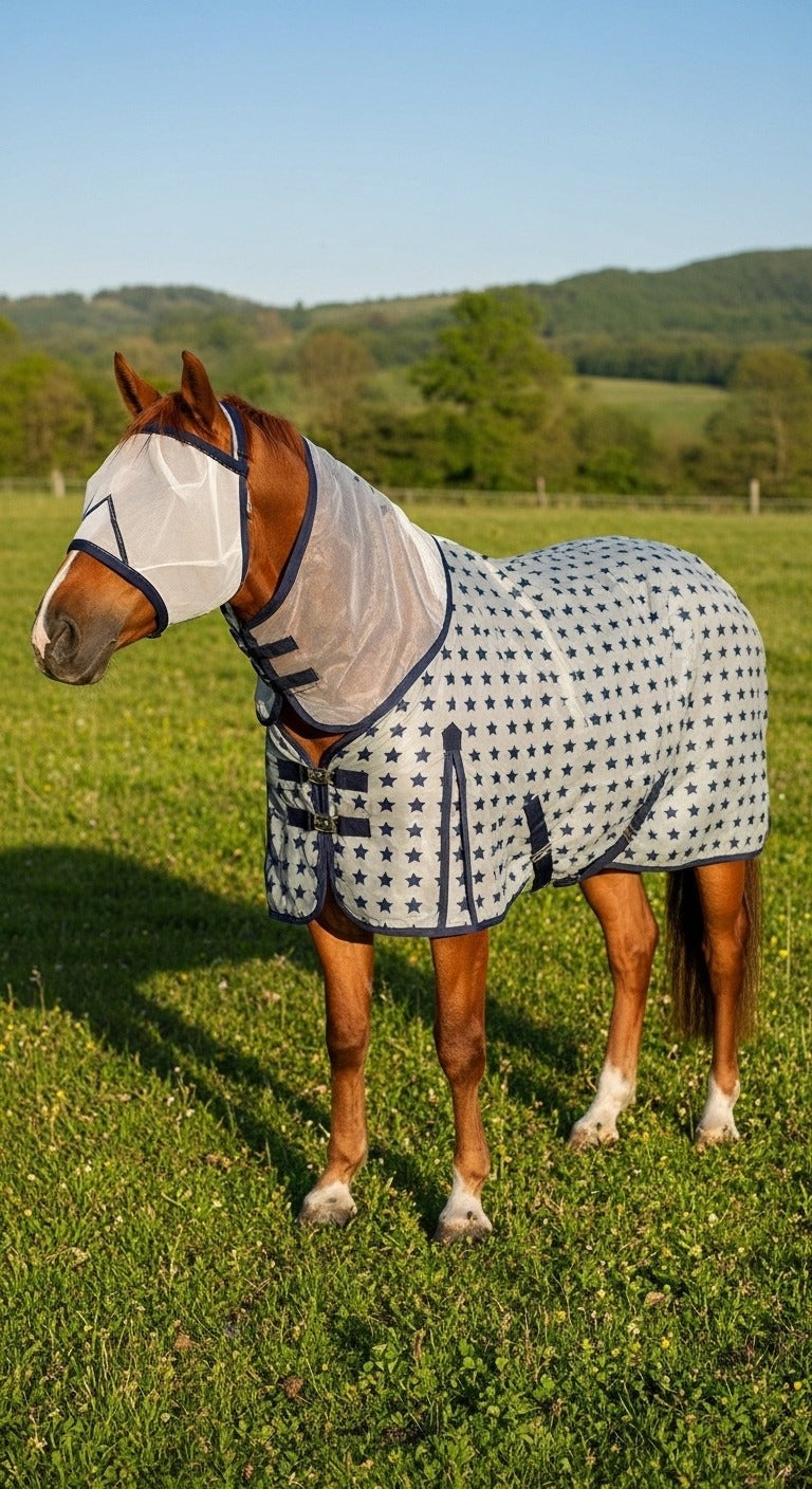 Star Print Horse Fly Rug Combo with Fixed Neck & Fly Mask
