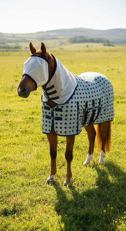 Star Print Horse Fly Rug Combo with Fixed Neck & Fly Mask