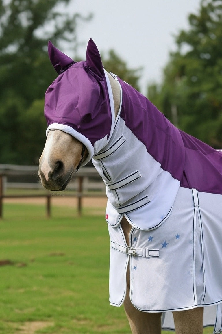 Premium Horse Fly Rug Combo with Fixed Neck & Fly Mask – Anti-Rub Mesh Summer Sheet
