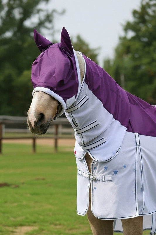 Premium Horse Fly Rug Combo with Fixed Neck & Fly Mask – Anti-Rub Mesh Summer Sheet