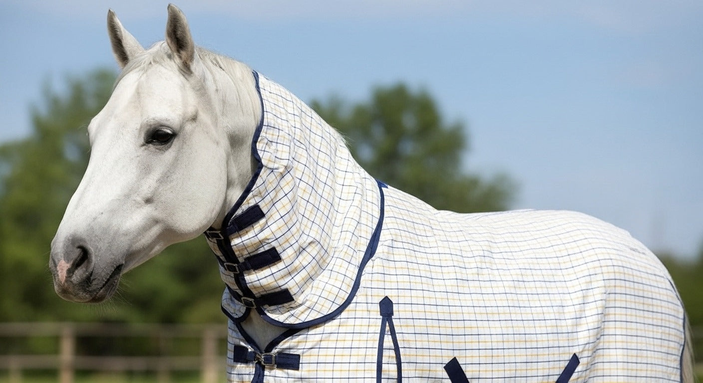 Check Pattern Horse Fly Rug Combo with Fixed Neck & Fly Mask