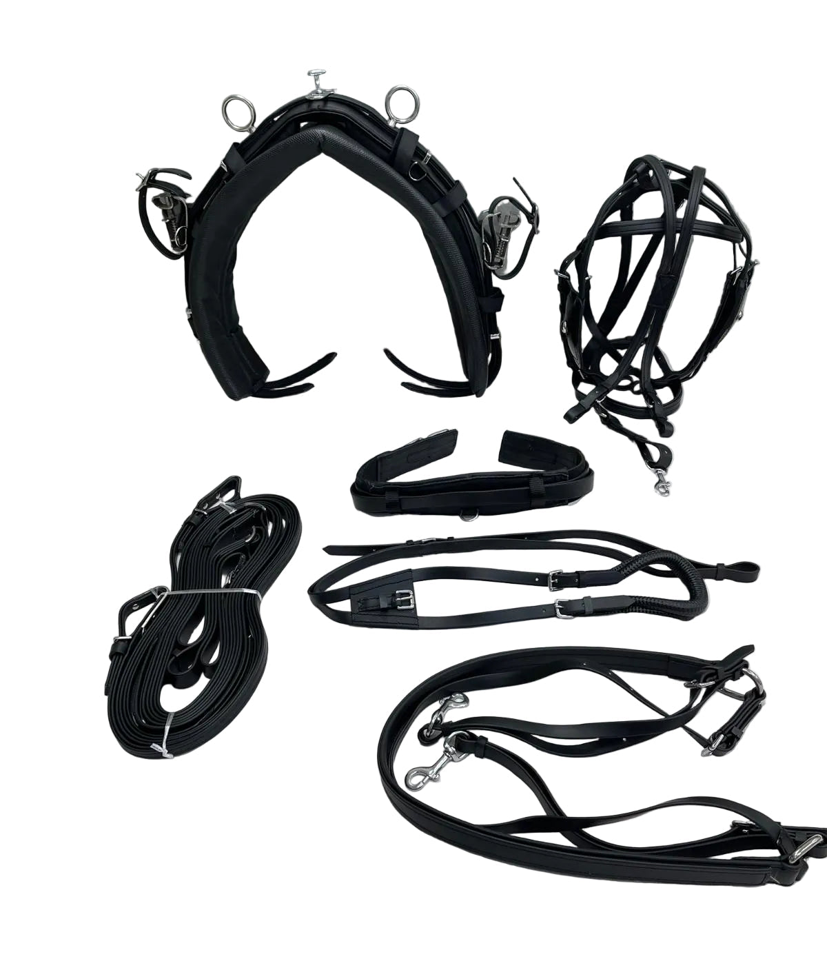 Set of black horse tack including bridle, reins, and bit on a white surface.