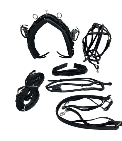 Set of black horse tack including bridle, reins, and bit on a white surface.