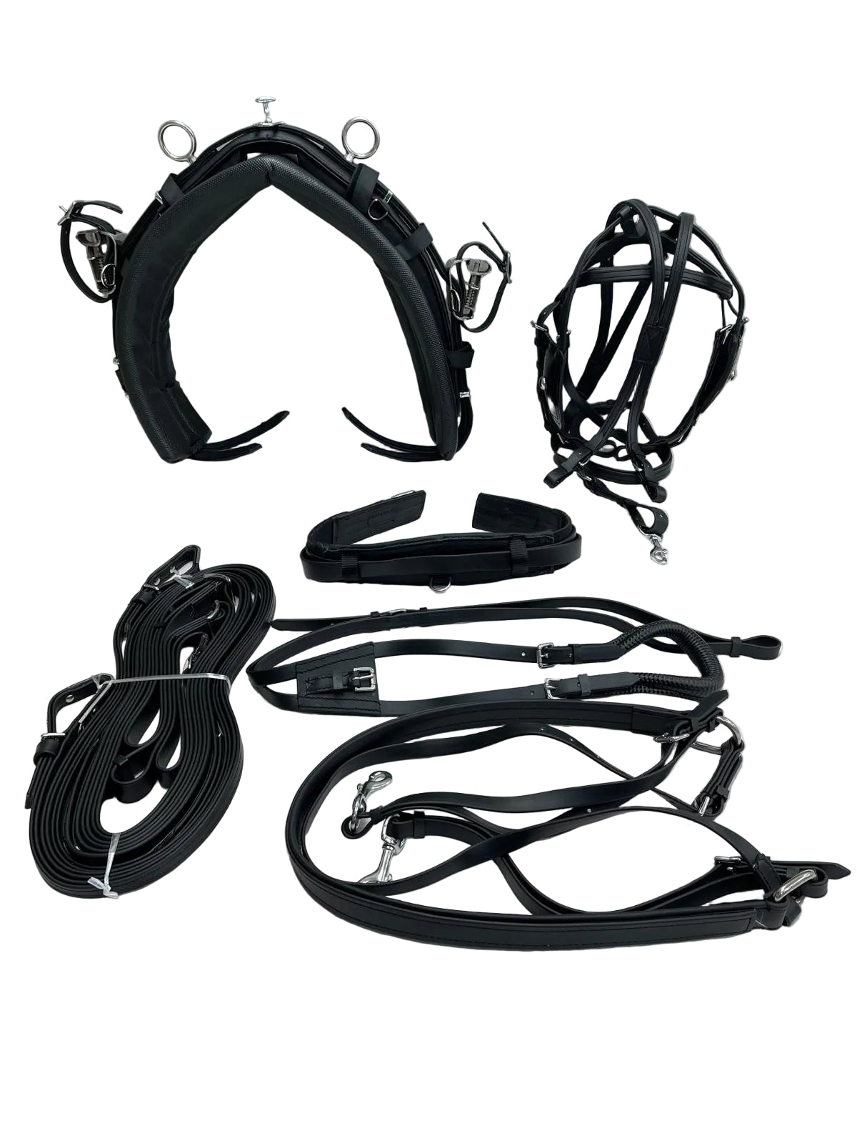 Set of black equestrian bridle components on a white surface