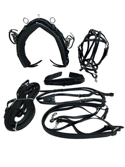 Set of black equestrian bridle components on a white surface