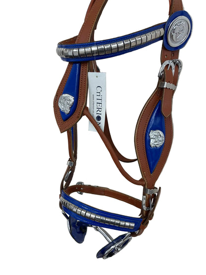 Tan & Blue Heavy Show Bridle with Matching Braided Lead Rope Set