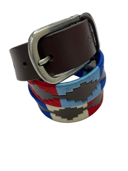 Colorful woven belt with a brown buckle on a white background