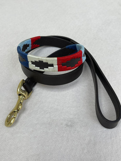 Light Blue / Navy / Red Argentinian Polo Dog Collar & Lead Set