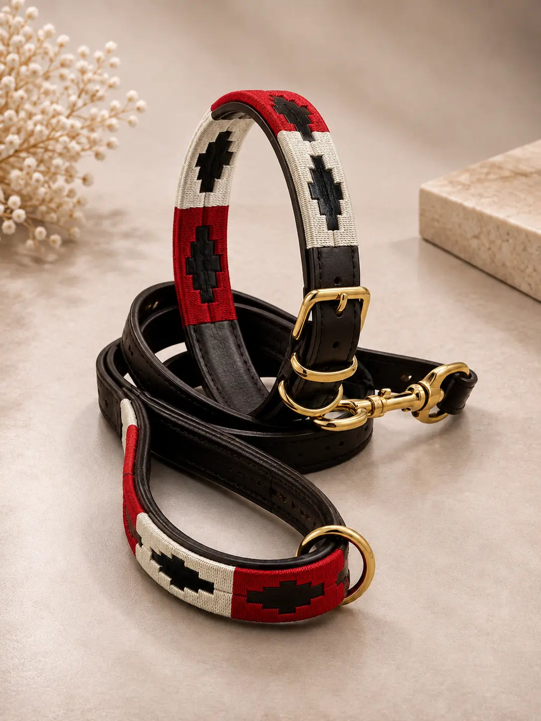 Red & White Argentinian Polo Dog Collar & Lead Set