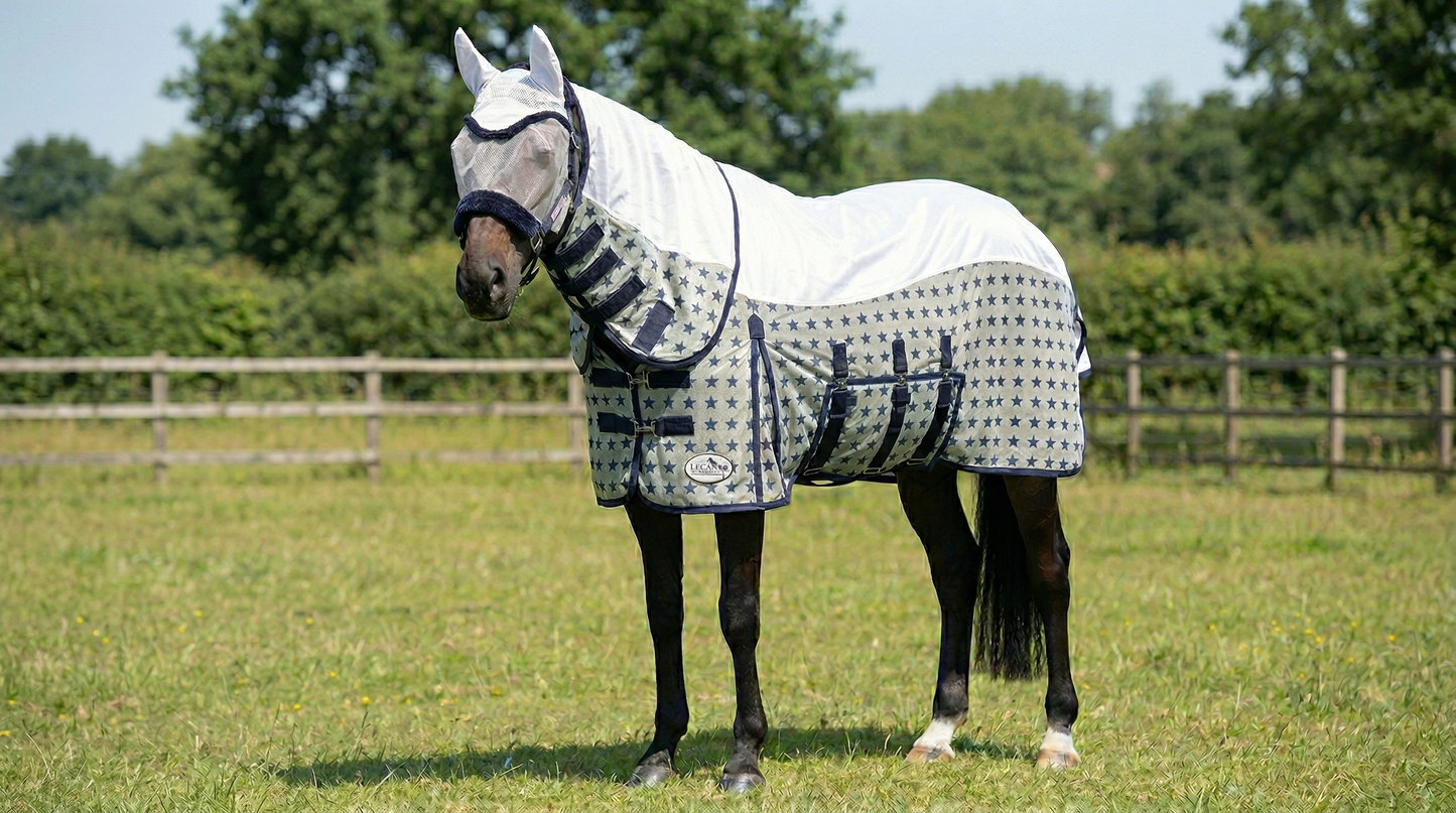 Star Print Horse Fly Rug Combo with Fixed Neck & FREE Fly Mask