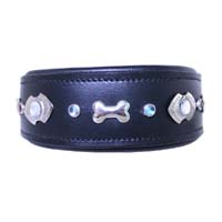 Navy Leather Dog Collar with Bone & Crystal Design – Luxury Designer Collection