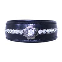 Luxury Black Leather Dog Collar with Dazzling Rhinestone & Floral Concho Design