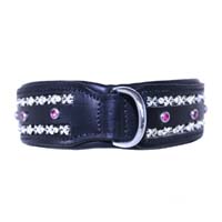 Floral Elegance Black Leather Dog Collar – Pink Crystal Accents
