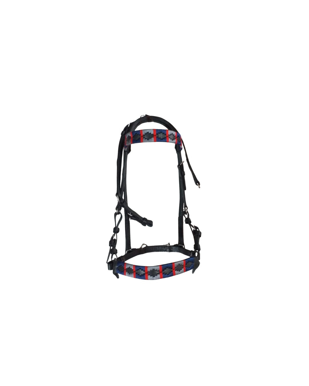 Midnight Royal | Premium Black Leather Bridle - Navy, Red & Grey Weave