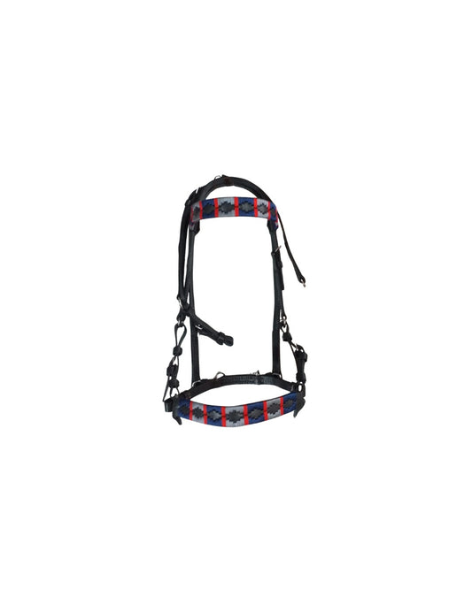 Midnight Royal | Premium Black Leather Bridle - Navy, Red & Grey Weave