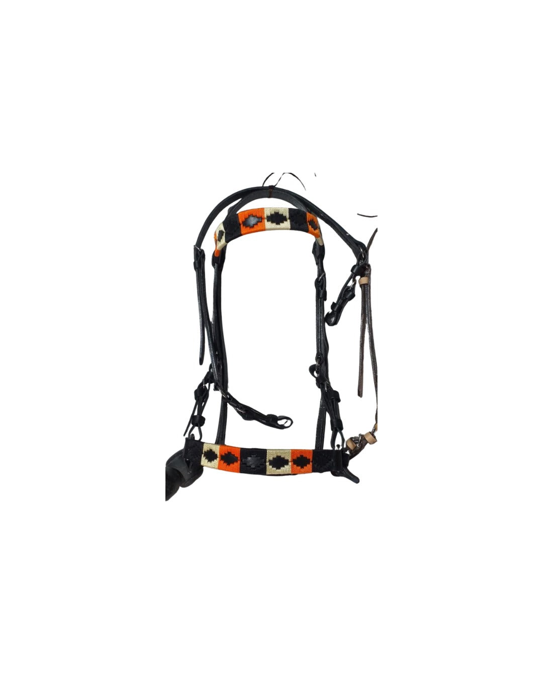 Onyx Flare | Black Leather Bridle - Orange & Cream Weave