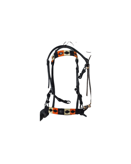 Onyx Flare | Black Leather Bridle - Orange & Cream Weave