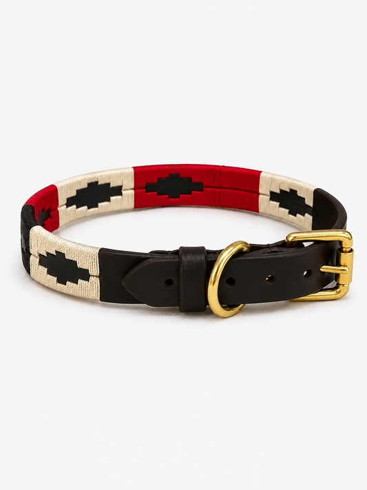 Red & White Argentinian Polo Dog Collar & Lead Set