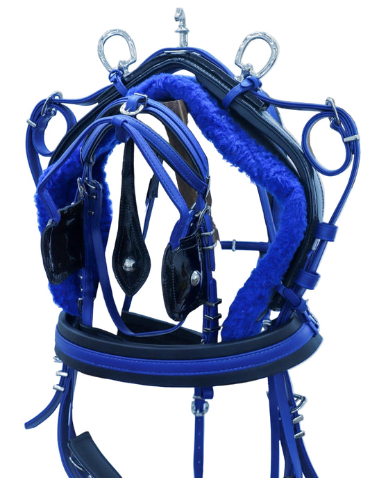 Blue and black equestrian harness set on a stand against a light background