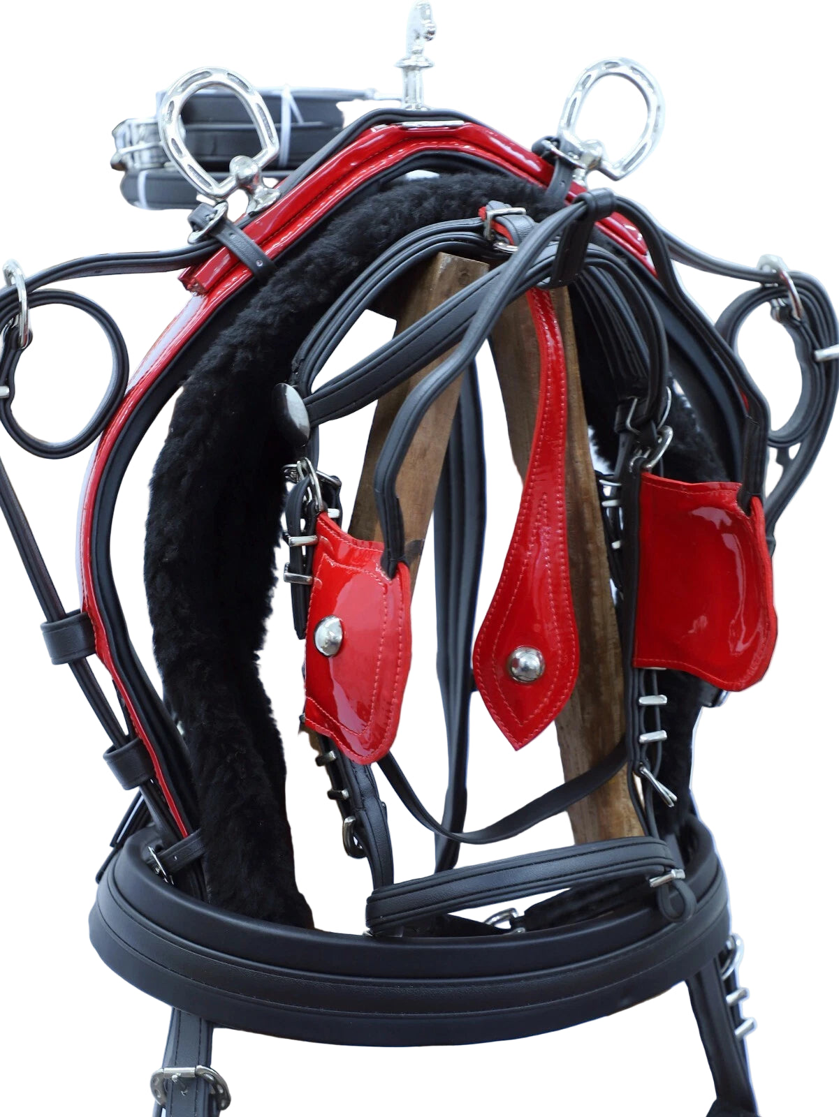 Close-up of a horse bridle with red leather straps on a white background