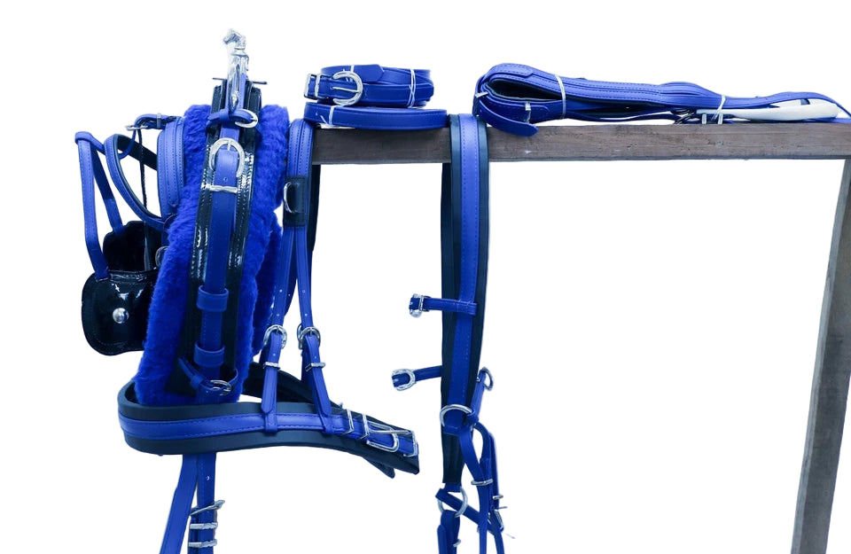 Blue equestrian tack including bridle, reins, and saddle pad on a stand against a white background