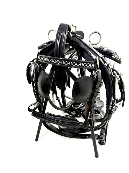 Collection of black leather horse bridles and reins on a white background